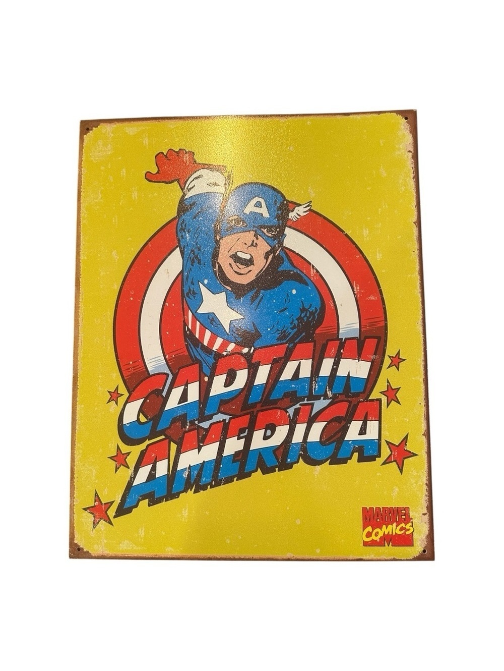 Marvel Captain America Metal Sign Yellow Blue Art & Decals Size 16” x 12.5”